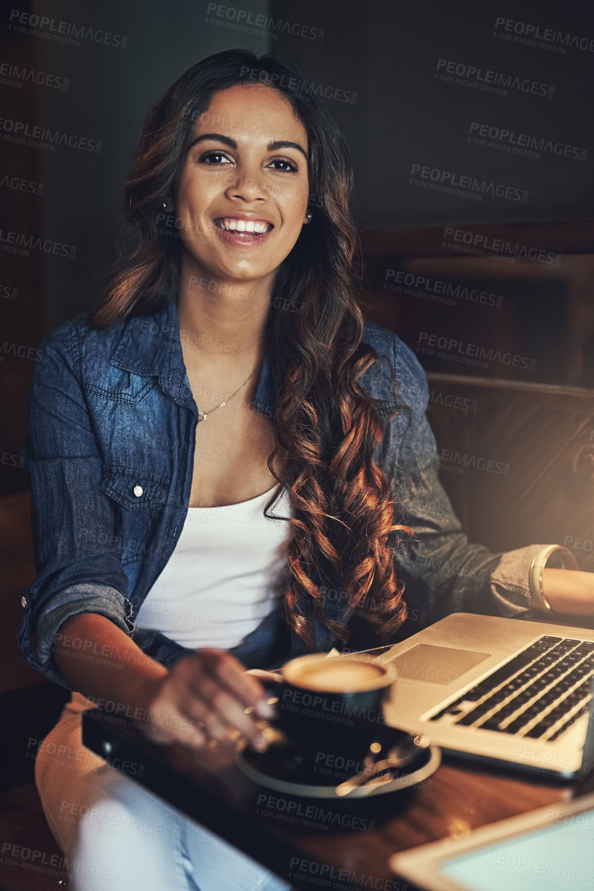 Buy stock photo Remote work, portrait and woman in cafe with laptop, search and planning for news publication. Restaurant, self employed and content writer with idea for article, freelance and coffee cup by computer