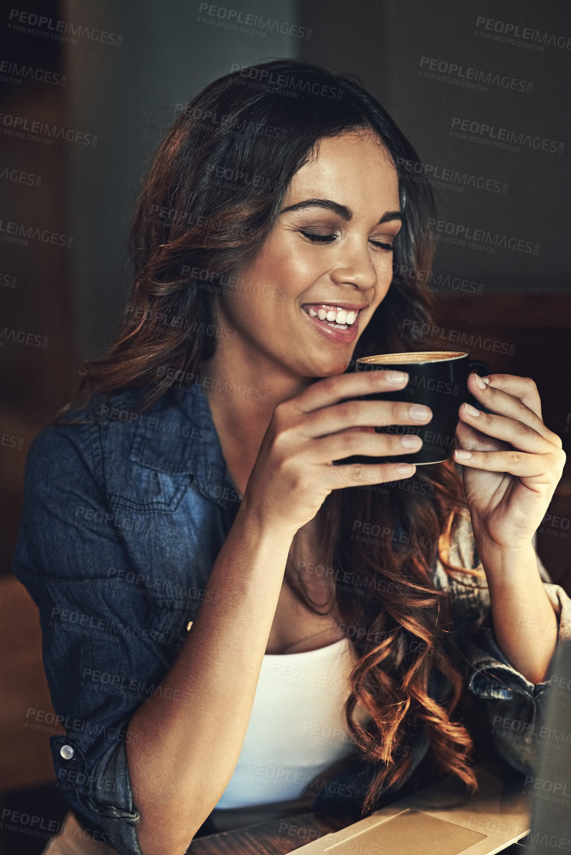 Buy stock photo Relax, coffee and woman in cafe with smile for satisfaction, peace or break from university. Aroma, student and female person with eyes closed for hot beverage, cappuccino or latte on calm morning