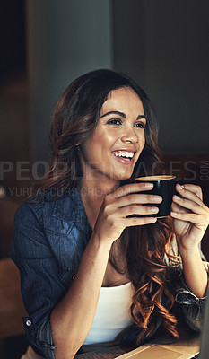 Buy stock photo Thinking, coffee and woman in cafe with smile for satisfaction, relax or break from university. Remember, student and female person with cup for hot beverage, cappuccino or latte on calm morning