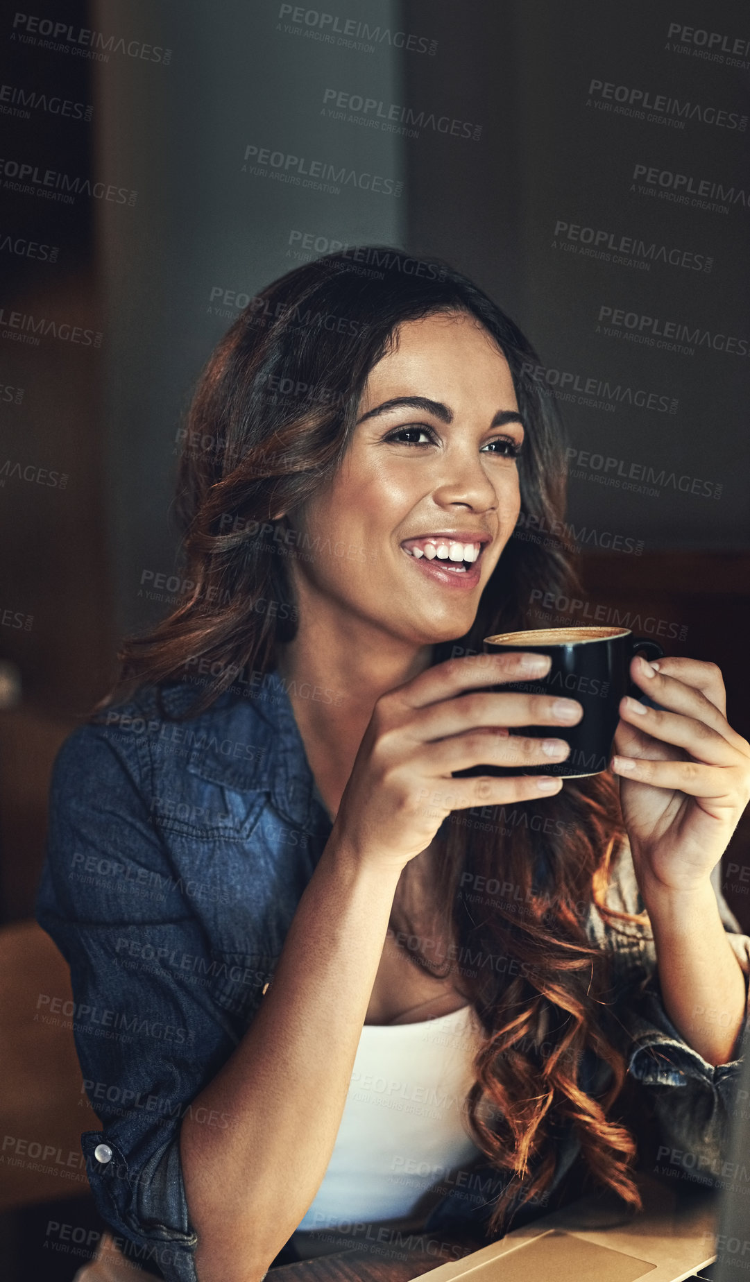 Buy stock photo Thinking, coffee and woman in cafe with smile for satisfaction, relax or break from university. Remember, student and female person with cup for hot beverage, cappuccino or latte on calm morning