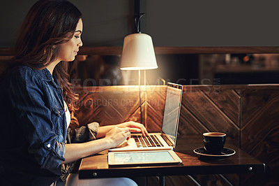 Buy stock photo Woman, laptop and typing at night in cafe, copywriter and research for article deadline. Female person, profile and writing feature for column in coffee shop, web planning and online for remote work