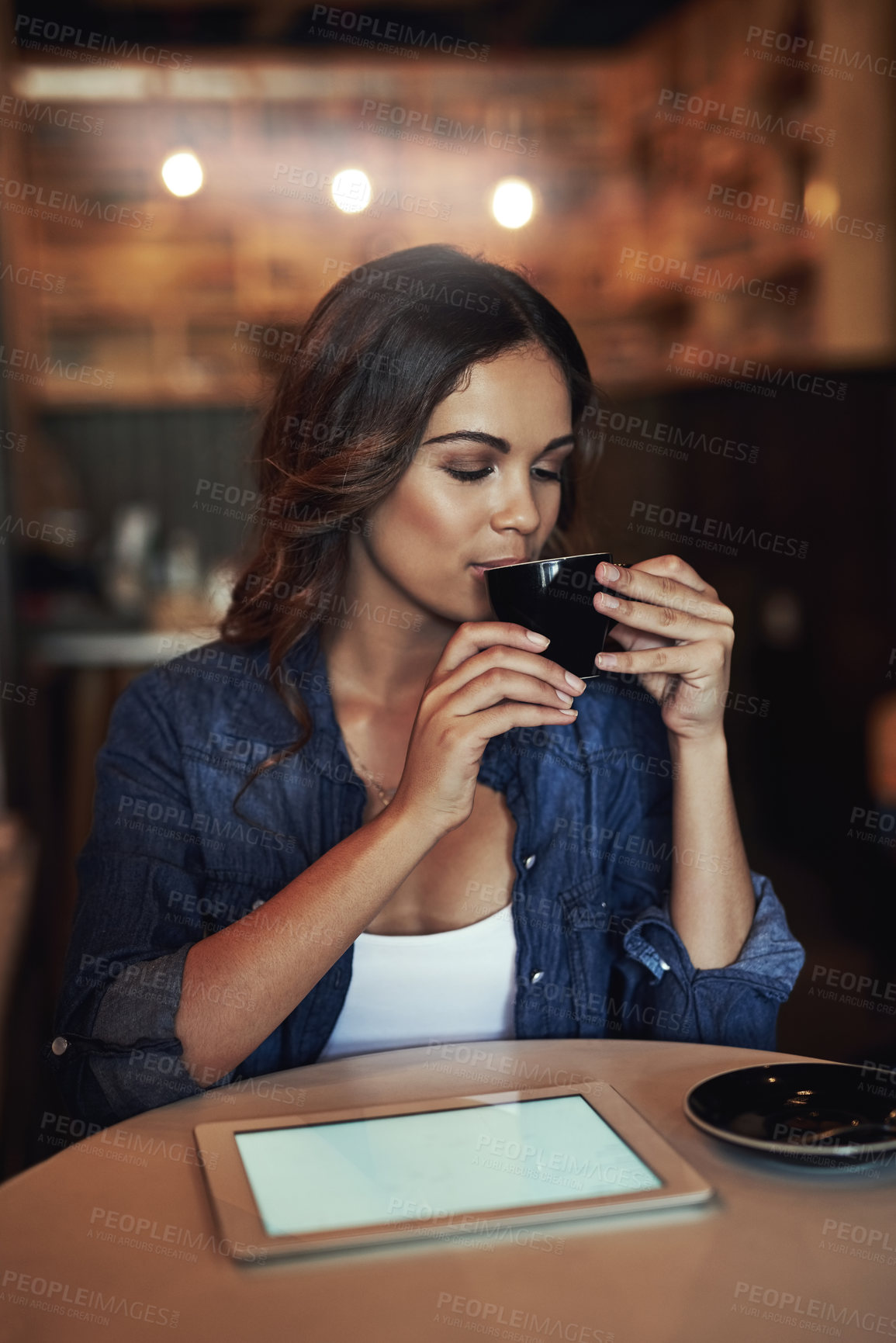 Buy stock photo Woman, drinking and coffee with tablet in cafe, digital screen and mockup for browsing online on social media or news. Relax, connection and freelance blogger with tech, restaurant and hot beverage