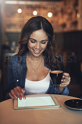 Buy stock photo Woman, coffee and happy with tablet in cafe, digital screen and smiling or browsing online for social media or news. Relax, connection and freelance blogger with tech, restaurant and website search