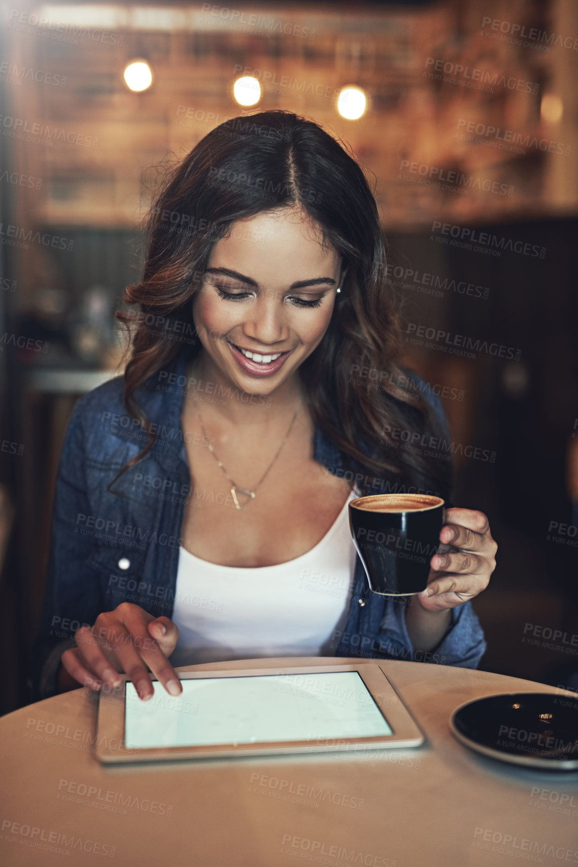 Buy stock photo Woman, coffee and happy with tablet in cafe, digital screen and smiling or browsing online for social media or news. Relax, connection and freelance blogger with tech, restaurant and website search