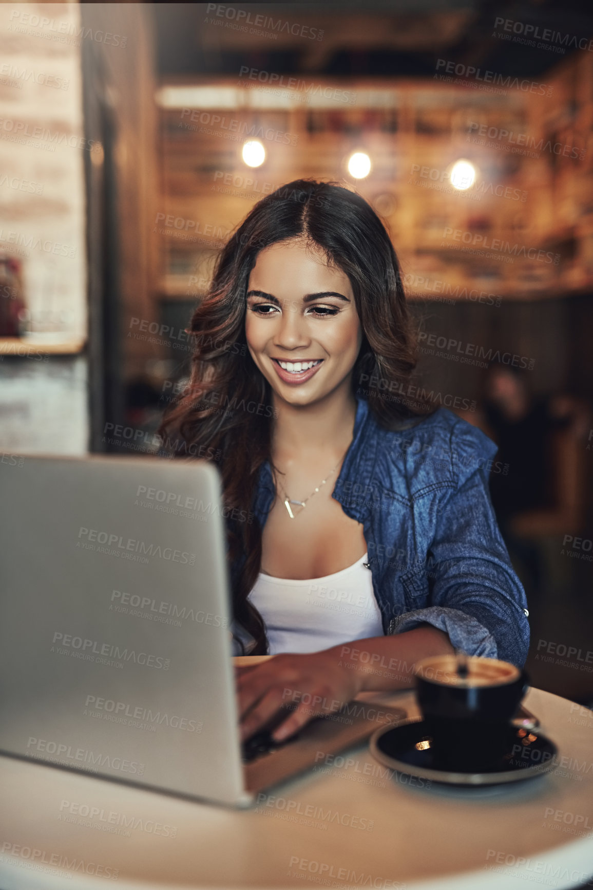 Buy stock photo Remote work, happy and woman in cafe with laptop, research and planning for news publication. Restaurant, self employed and content writer with ideas for article, freelance and typing on computer