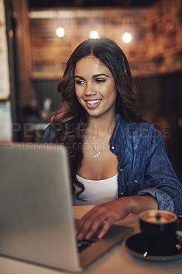 Buy stock photo Freelance, research and woman in cafe with computer, typing info and planning for article angle. Restaurant, female person or content writer with laptop for self employed, publication and wordpress