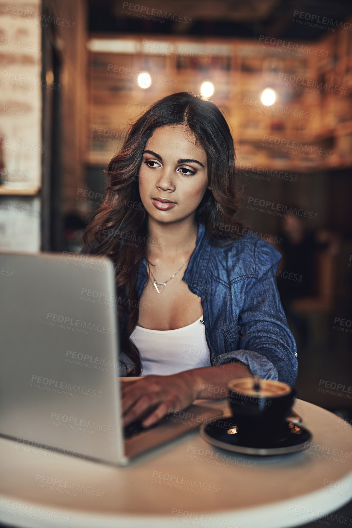 Buy stock photo Remote work, reading and woman in cafe with laptop, research and planning for news publication. Restaurant, self employed and content writer with ideas for article, freelance and typing on computer