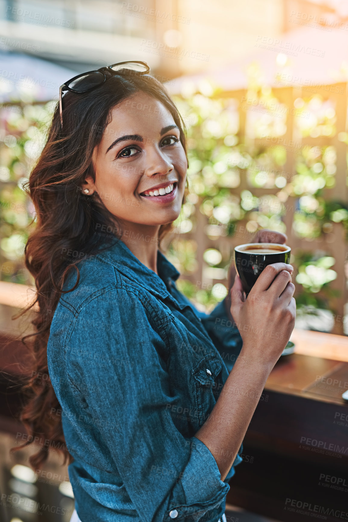 Buy stock photo Woman, portrait and coffee shop with smile for relax weekend or travel exploring, holiday or restaurant. Female person, face and caffeine drink or cafe in Italy or summer vacation, latte or breakfast