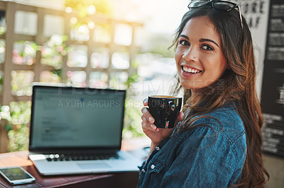 Buy stock photo Woman, portrait and laptop at coffee shop as freelance copywriter for article, review or email. Female person, face and caffeine drink in restaurant as journalist for remote work, research or cafe