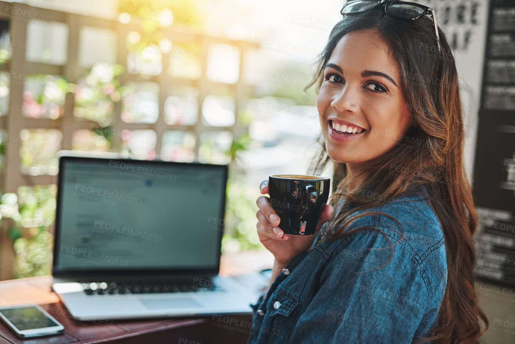 Buy stock photo Woman, portrait and laptop at coffee shop as freelance copywriter for article, review or email. Female person, face and caffeine drink in restaurant as journalist for remote work, research or cafe