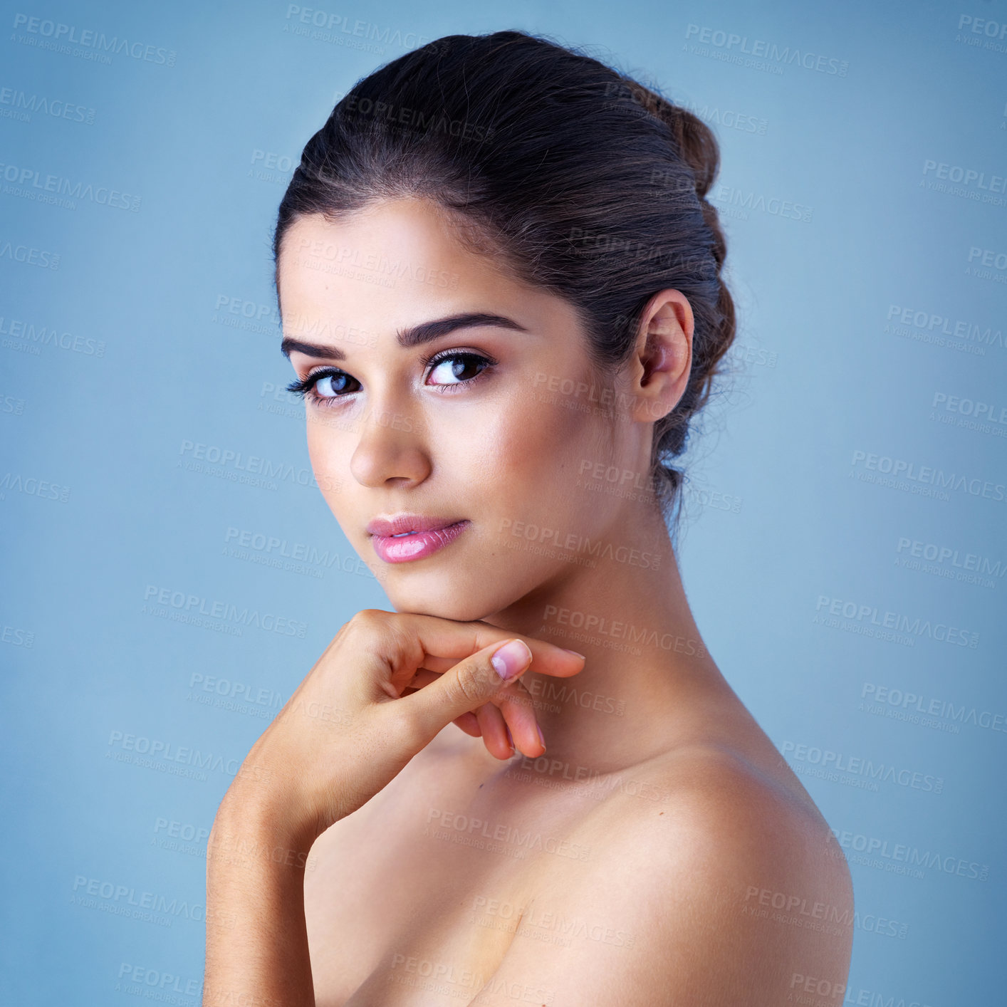 Buy stock photo Relax, skincare and portrait of woman in studio with natural beauty, confidence and luxury cosmetics. Dermatology, results and girl with facial care, makeup glow and healthy skin on blue background.