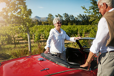 Buy stock photo Shot of a senior couple going on a road trip 