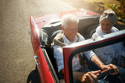 Buy stock photo Senior, couple and driving convertible for road trip holiday or countryside retirement, transportation or travel. Man, woman and old people on vacation journey in California, explore or happiness