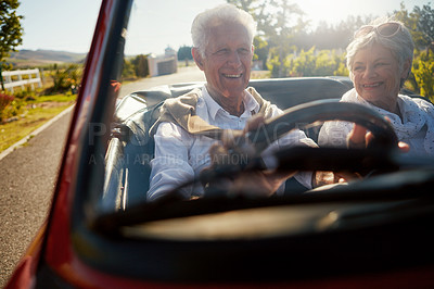 Buy stock photo Old couple, driving and convertible car or travel road trip to explore California, retirement or transportation. Man, woman and countryside adventure or valley trip in vineyard, vacation or weekend