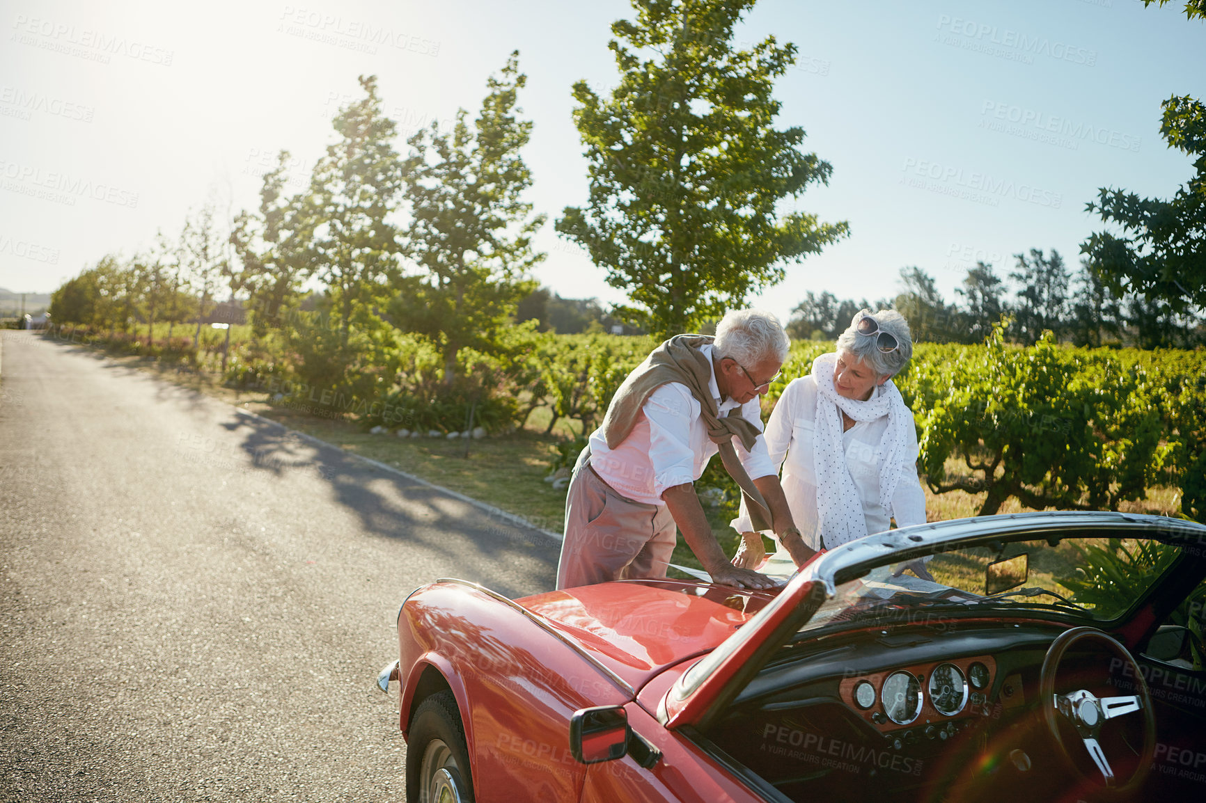 Buy stock photo Outdoor, map or old couple by car for road trip, holiday travel or destination directions for journey. Vacation, location check or senior people with navigation guide to plan route, space or vehicle