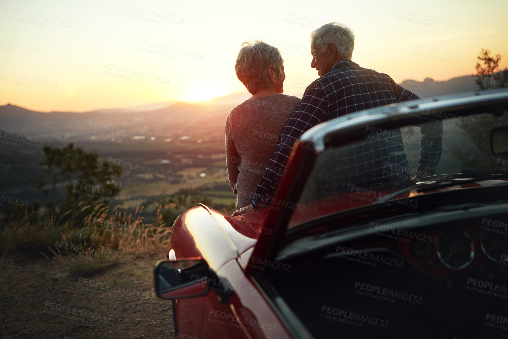 Buy stock photo Shot of a senior couple enjoying  a road trip