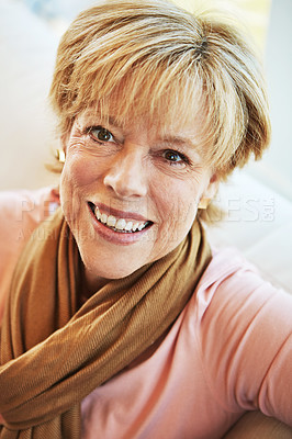 Buy stock photo Portrait, mature or happy woman in home to relax with calm on living room sofa or couch. Apartment, face or senior lady with smile, peace or wellness in retirement or house for a resting break