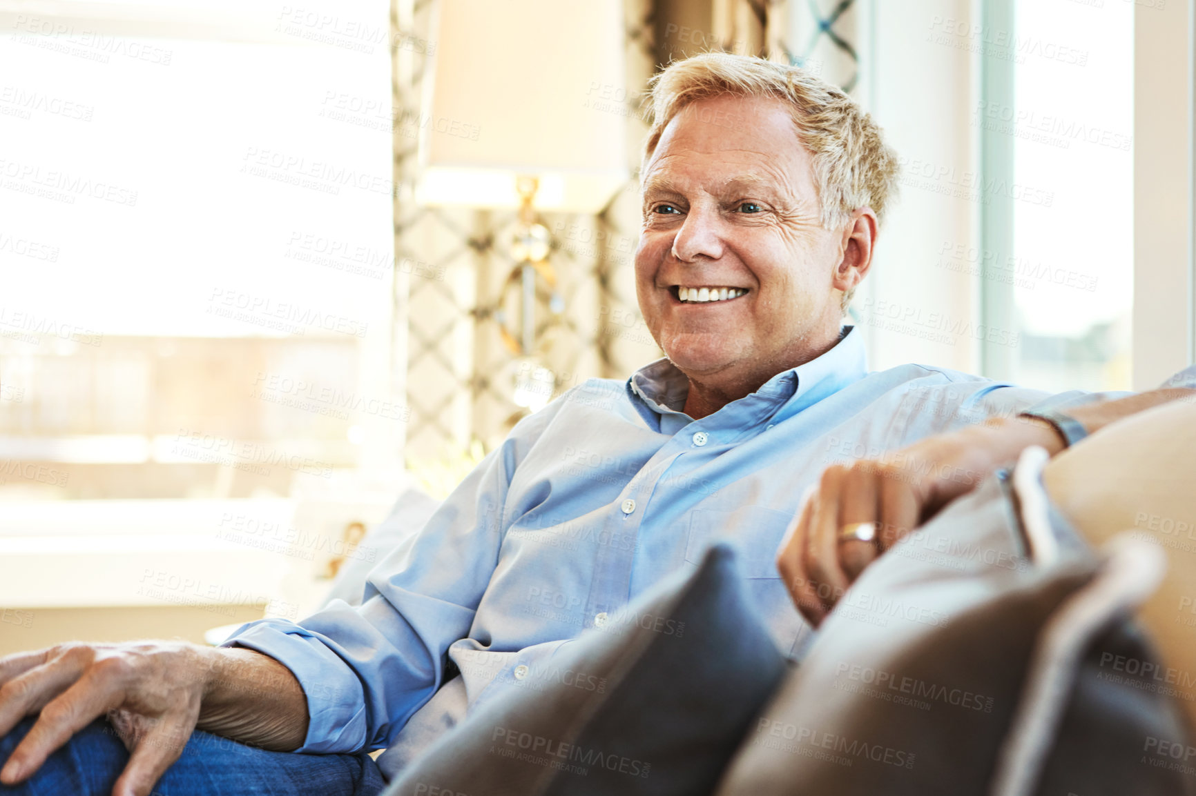 Buy stock photo Thinking, smile or mature man on sofa to relax with calm on living room couch at home for resting. Happiness, proud or senior male person with ideas, peace or wellness in retirement, lounge or house 