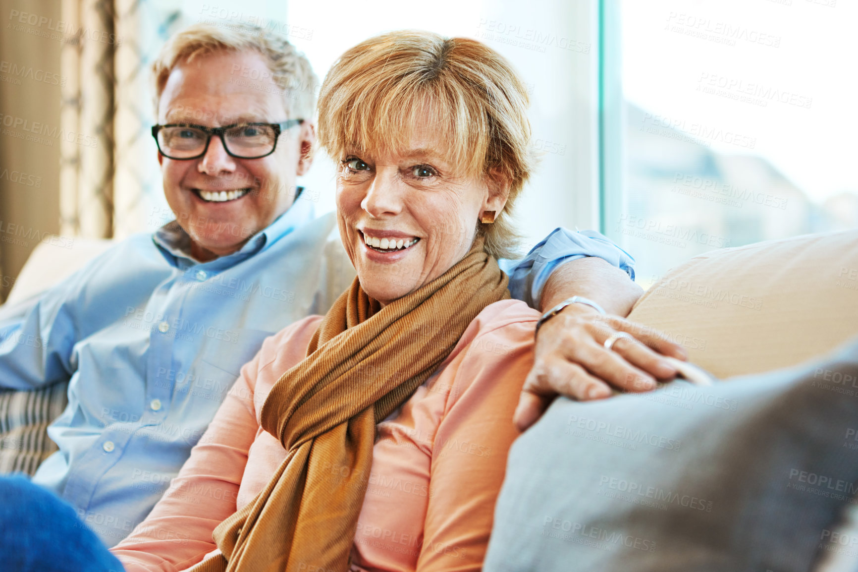 Buy stock photo Relax, sofa and portrait of mature couple for bonding, healthy relationship and marriage. Retirement, home and happy senior man and woman on couch for love, commitment and happiness in living room