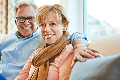 Buy stock photo Relax, smile and portrait of mature couple on sofa for bonding, healthy relationship and marriage. Retirement, home and senior man and woman on couch for love, commitment and happy in living room