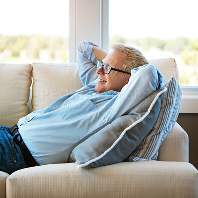 Buy stock photo Thinking, sofa or happy mature man in house living room to relax with nostalgia or freedom on resting break. Glasses, remember or senior male person with smile, joy or memory in retirement on couch