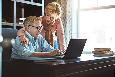 Buy stock photo Happy, home and mature couple with laptop for website, connection and internet search. Retirement, relax and senior man and woman on computer for life insurance, online application and networking