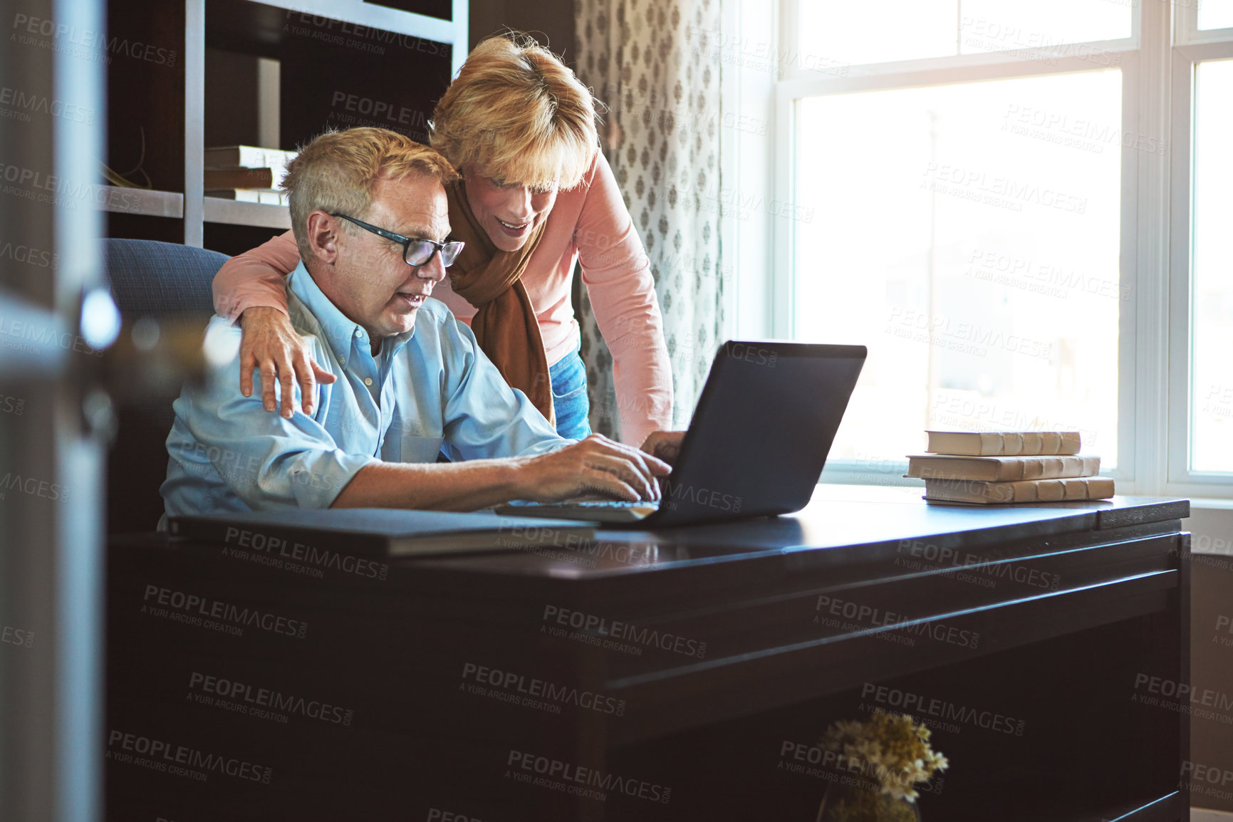 Buy stock photo Online, home and senior couple with laptop for website, connection and internet banking. Retirement, marriage and man and woman on computer for life insurance, investment and savings in study