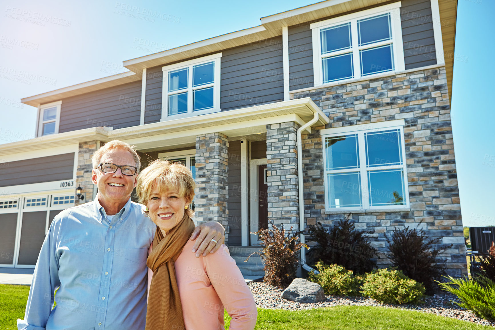 Buy stock photo Outdoor, new home and portrait of elderly couple in neighborhood for love, marriage and security. Retirement, house and happy senior man and woman for bonding, relationship and real estate investment