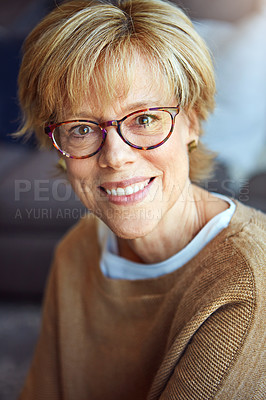 Buy stock photo Portrait, glasses or happy mature woman in house living room to relax with freedom on sofa for resting break. Apartment, face or senior person with smile or wellness in retirement, lounge or home