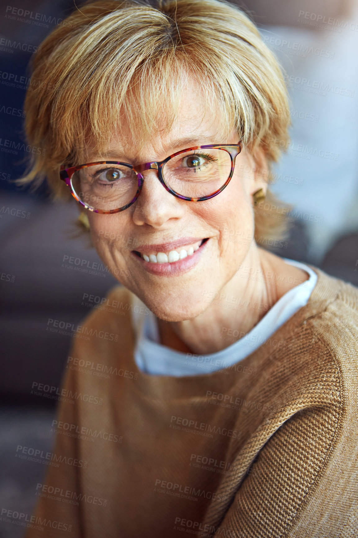 Buy stock photo Portrait, glasses or happy mature woman in house living room to relax with freedom on sofa for resting break. Apartment, face or senior person with smile or wellness in retirement, lounge or home