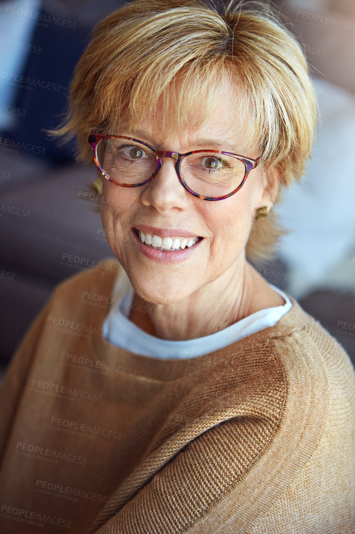 Buy stock photo Mature, relax or portrait of happy woman in glasses in house living room with freedom, pride for resting break. Apartment, face or senior person with smile or wellness in retirement, lounge or home