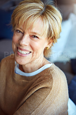 Buy stock photo Portrait, mature or happy woman in house with freedom on living room sofa or couch to relax in retirement. Apartment, face or senior person with smile, peace or wellness in home for a resting break