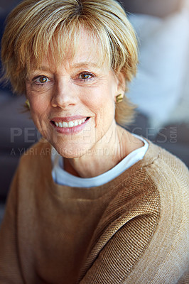 Buy stock photo Portrait, mature or happy woman in apartment to relax with freedom on living room sofa or couch. Home, face or senior lady with smile, peace or wellness in retirement or house for a resting break