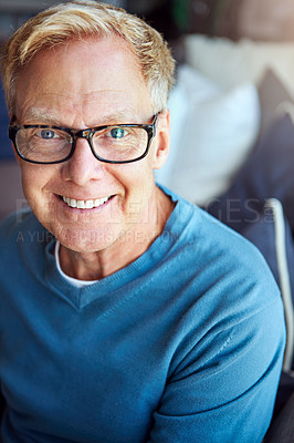 Buy stock photo Portrait, mature or happy man in house with glasses on living room sofa for calm and relax. Apartment, face or senior person with smile, peace or wellness in home for a resting break in retirement 