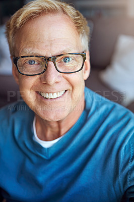 Buy stock photo Portrait, mature or happy man in apartment with glasses or freedom on living room sofa to relax. House, face or senior person with smile, peace or wellness in home for a resting break in retirement 