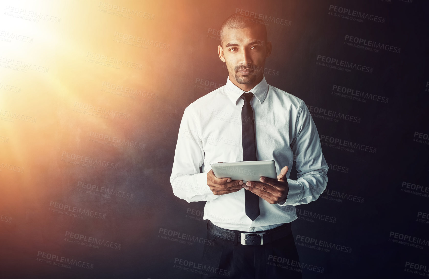 Buy stock photo Portrait, studio and businessman with tablet for finance news and budget planning on dark background space. Research, lens flare and financial advisor on tech for schedule, report and accounting app