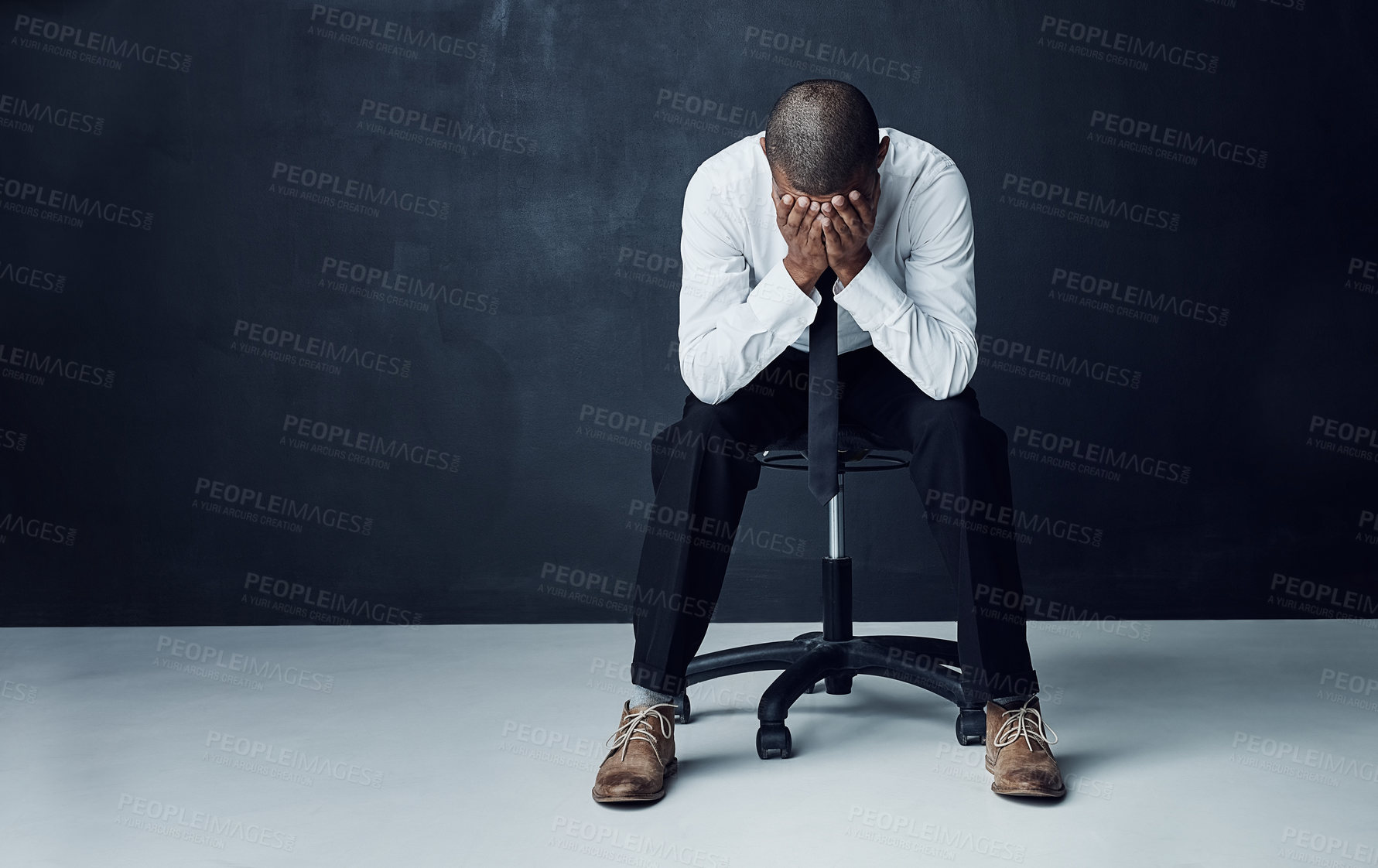 Buy stock photo Frustrated, businessman and failure with stress for corporate bankruptcy or liquidation on a dark studio background. Disappointed, man or employee with loss, financial crisis or debt on mockup space