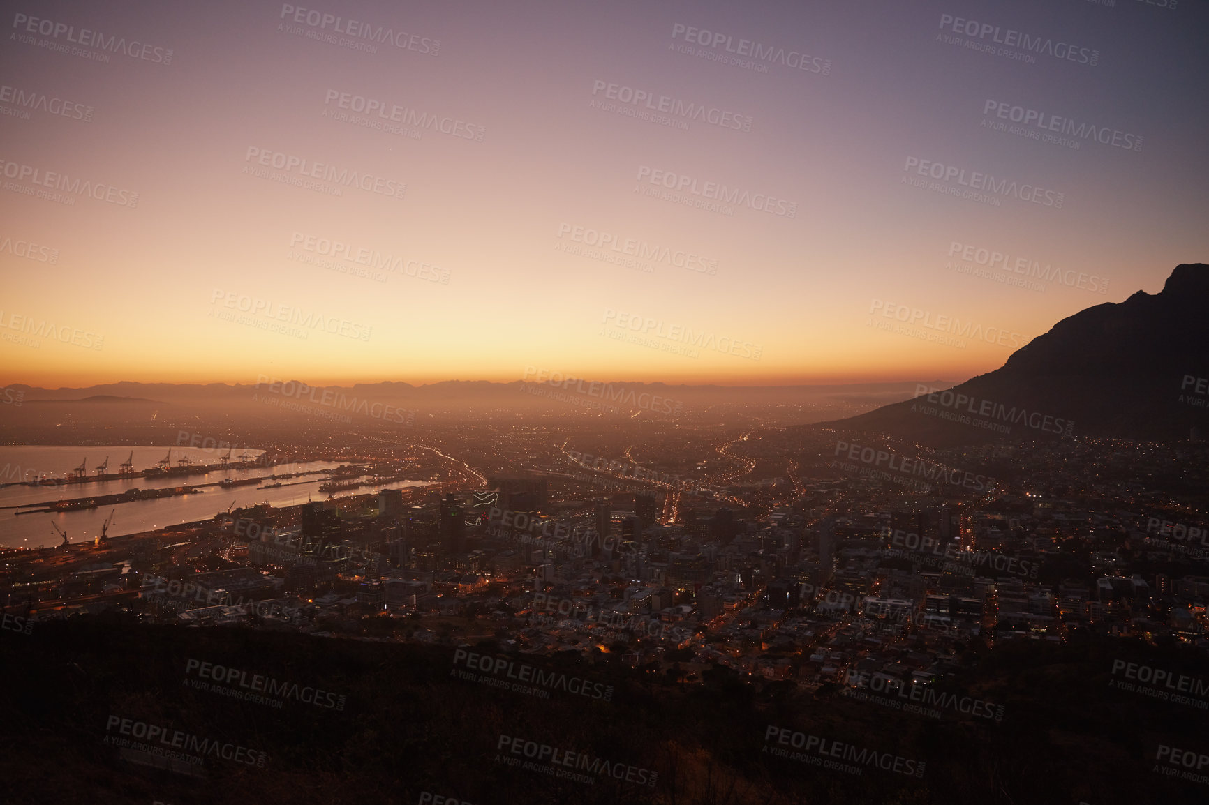 Buy stock photo Aerial view of a beautiful city at dawn