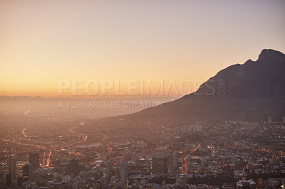 Buy stock photo Aerial view of a beautiful city at dawn