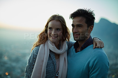 Buy stock photo Couple, travel and hug for outdoor cityscape, marriage and bonding for love in relationship. People, date and embrace for romance on holiday or vacation, support and relax on mountain together