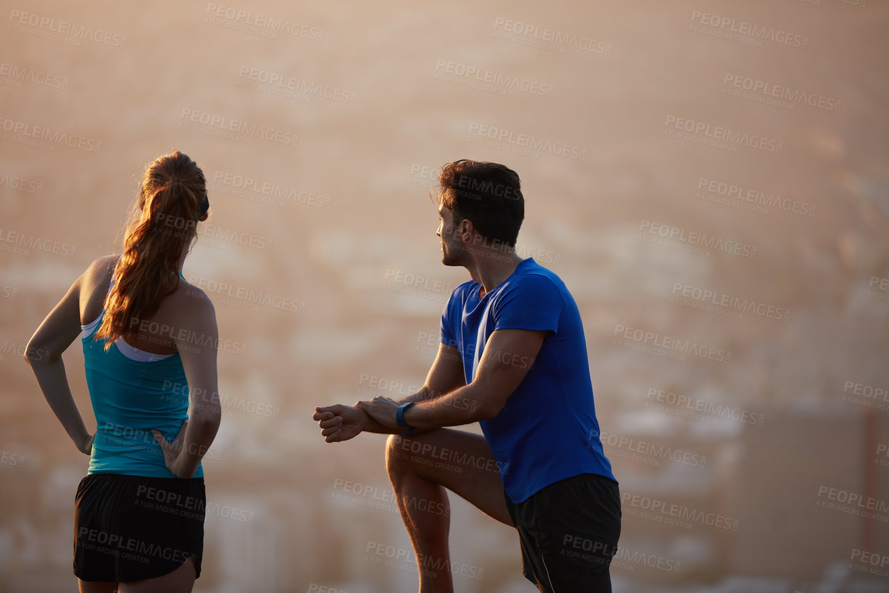Buy stock photo Fitness, thinking and back of couple on mountain rest for exercise, workout and training together. Sports, morning and man with woman outdoor for recovery after challenge, active hobby and wellness