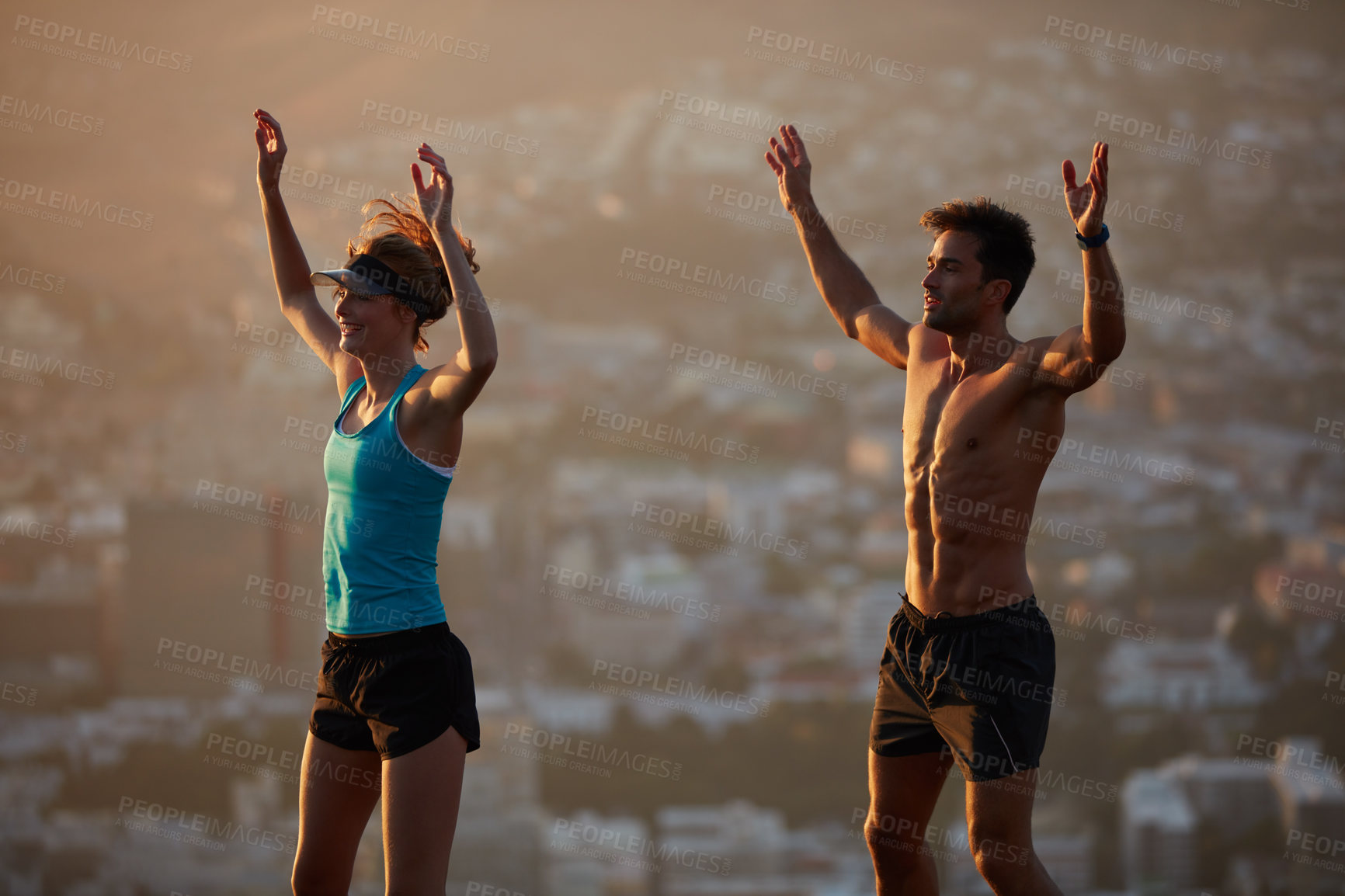 Buy stock photo Fitness, jump and couple on mountain for exercise, cardio workout and training outdoor. Sports, morning routine and man and woman warm up for challenge, active hobby and wellness together in city