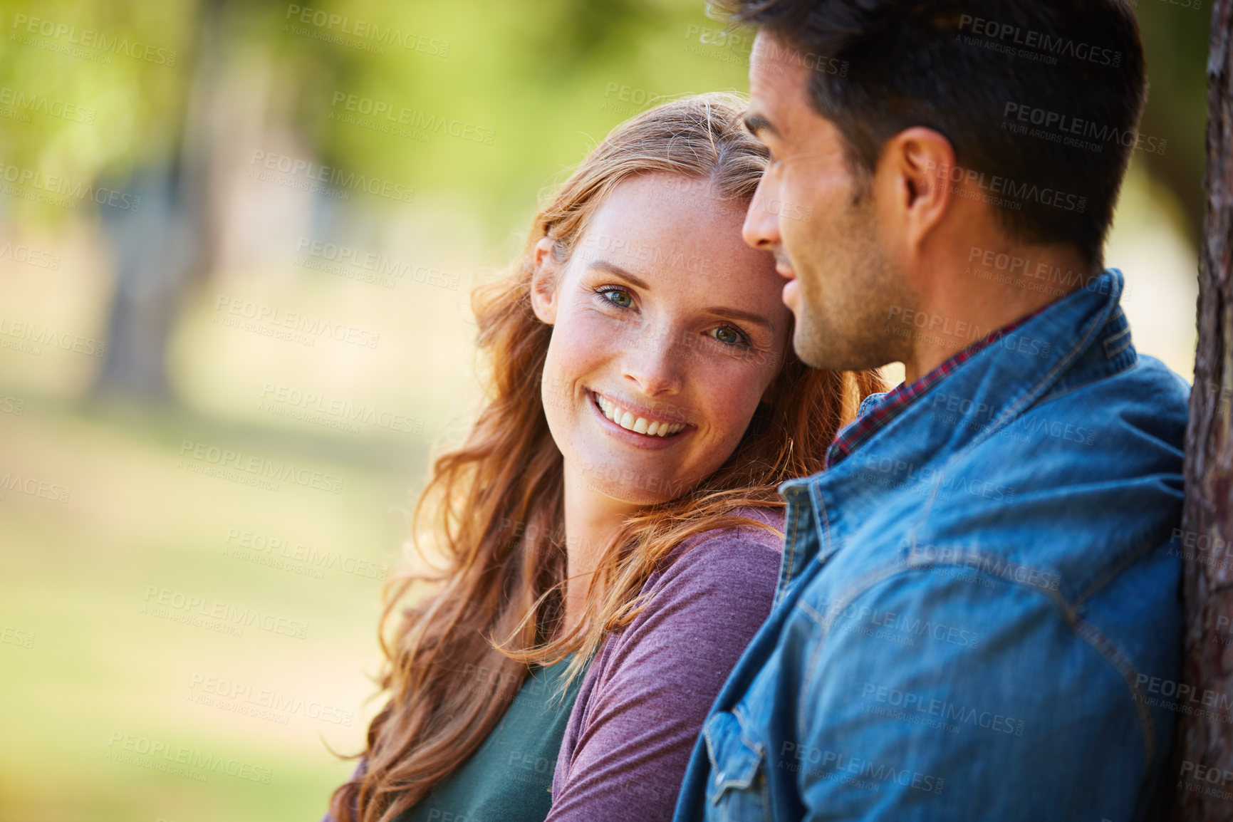 Buy stock photo Love, hug and happy with couple in park for romance, marriage and smile together. Summer, honeymoon and relationship with man and portrait of woman in nature for support, connection and space