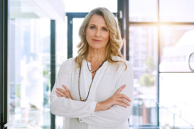 Buy stock photo Crossed arms, office and portrait of business woman with confidence, empowerment and career pride. Corporate, management and face of senior female worker with future vision, mission and motivation