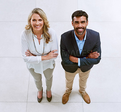 Buy stock photo Portrait of two businesspeople standing together in an office