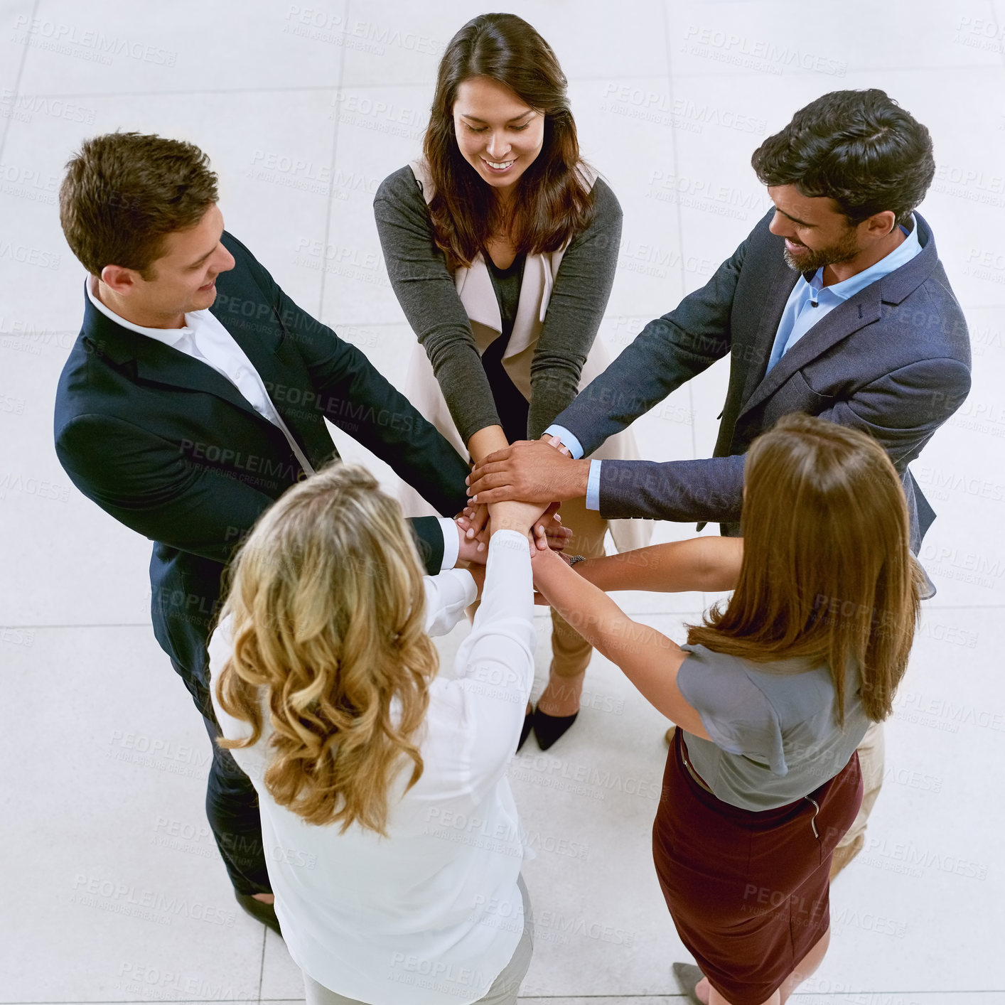 Buy stock photo Circle, top view and business people with hand stack for teamwork, partnership and support for collaboration. Corporate diversity, staff hands and synergy with cooperation and team building in office