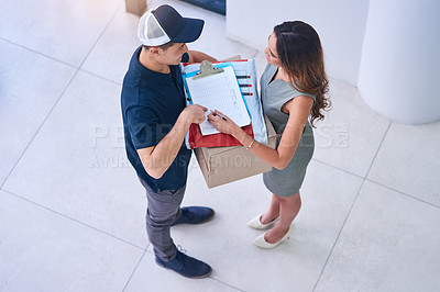 Buy stock photo Home, box or clipboard by woman and delivery man in above ecommerce signature, distribution or shipping. Online shopping, mail or customer with supply chain worker for retail, sale or product payment