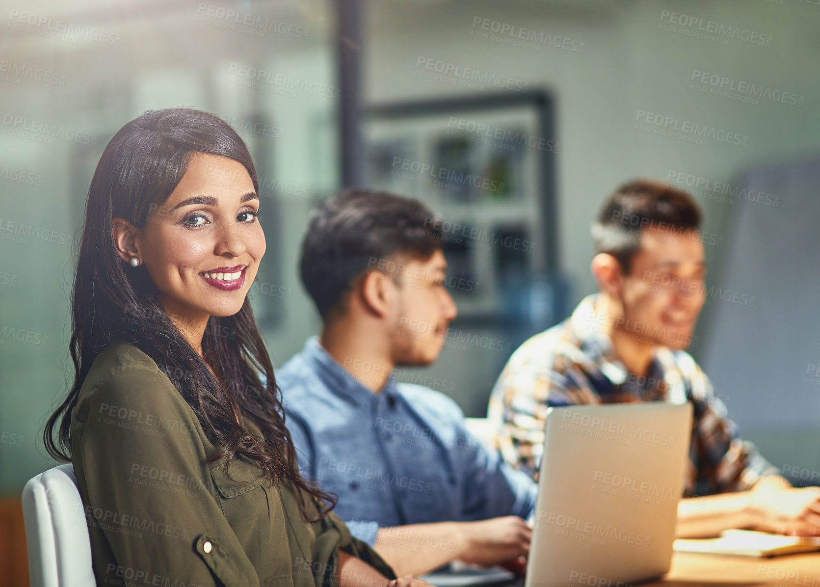 Buy stock photo Teamwork, smile and portrait of business woman at desk in office for creative startup company. Face, happy manager and technology for graphic designer, entrepreneur or worker coworking in meeting