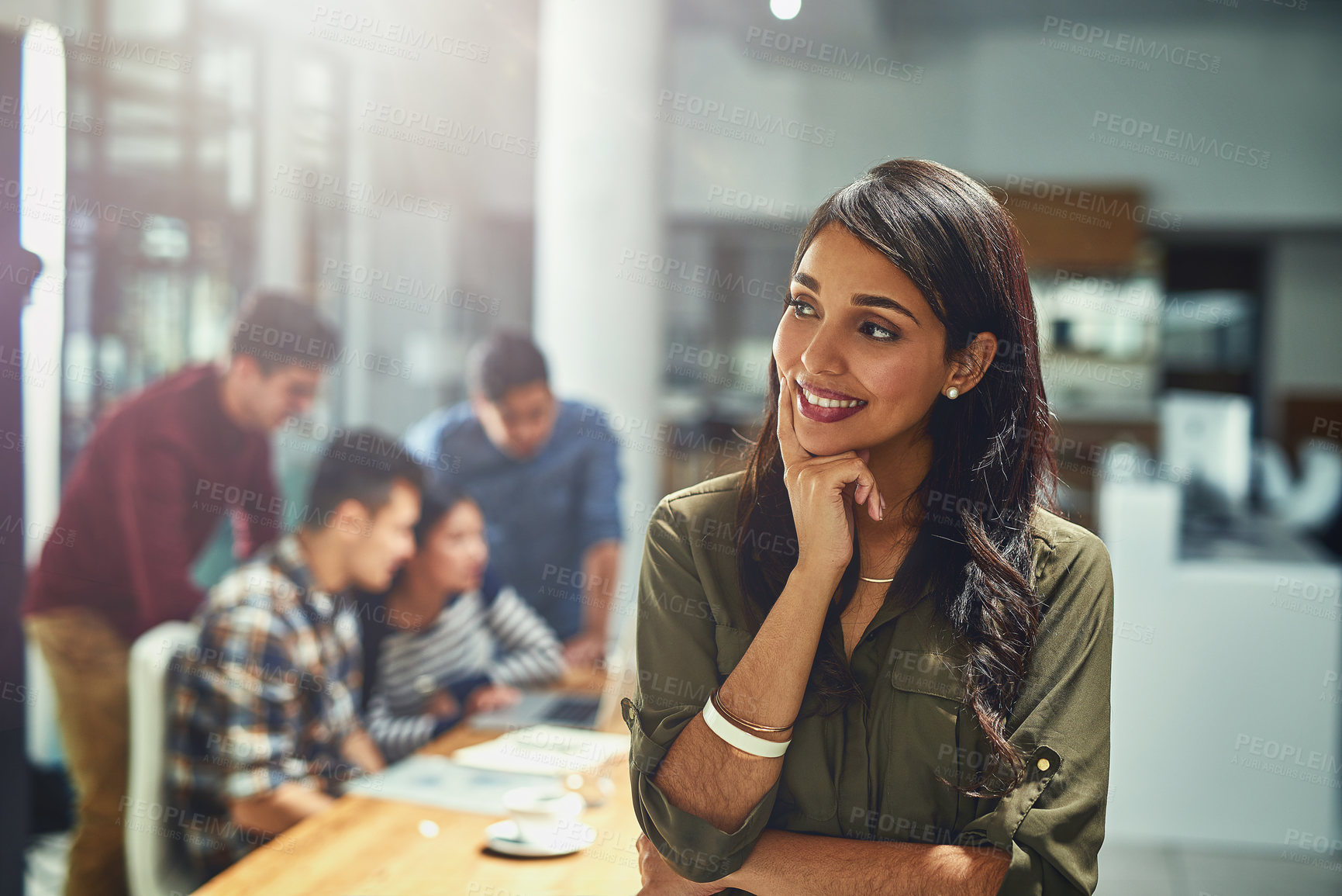 Buy stock photo Teamwork, smile and thinking business woman at desk in office for creative startup company. Face, happy manager and technology for graphic designer, entrepreneur or worker coworking in meeting