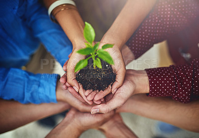 Buy stock photo Hands, plant and growth from above with people holding a pile of earth for the sustainability of the environment. Nature, spring and teamwork with a group of friends together for eco responsibility